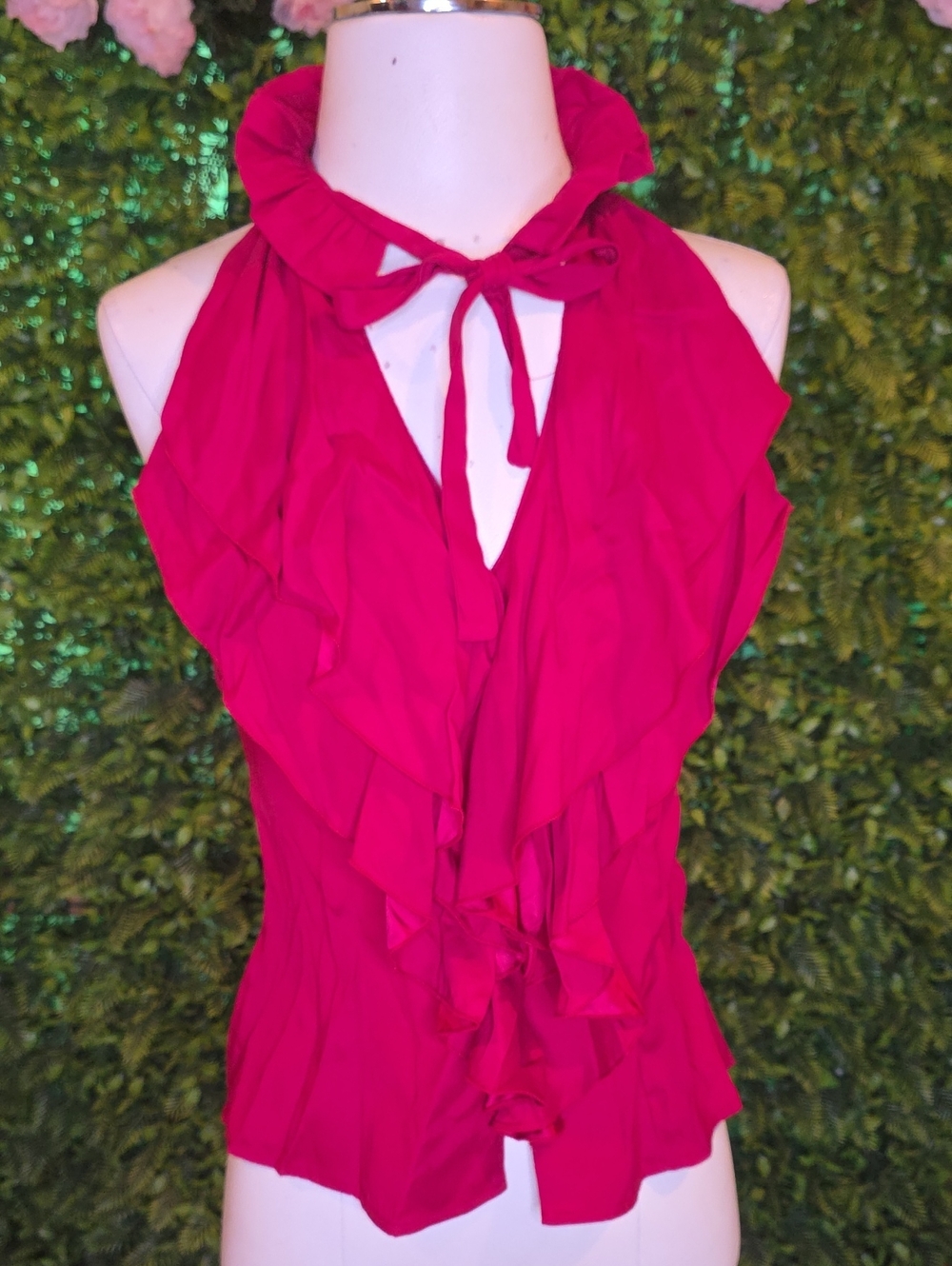 Marciano Silk Ruffle Tie-Neck Top in Bright Red